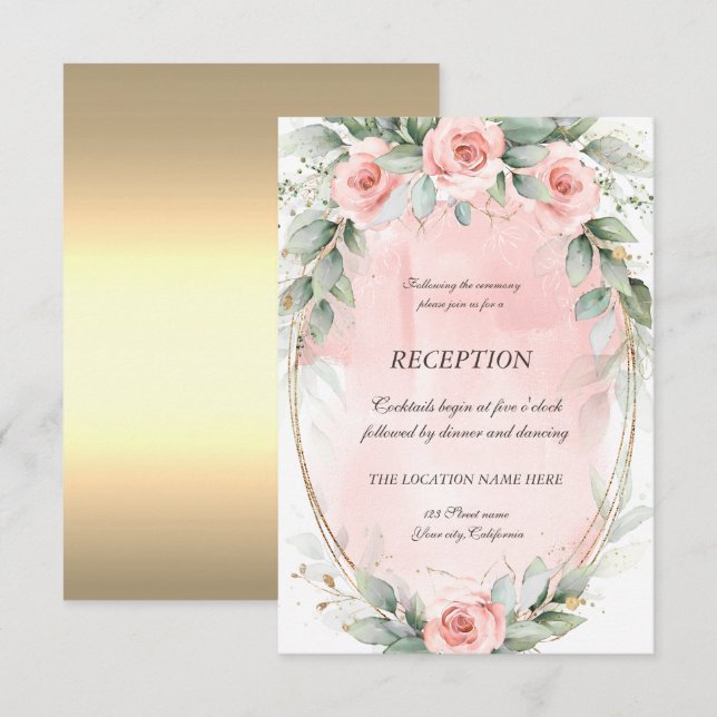 Invitación Rosas Rosadas Elegantes Marco Dorado Recepción (Anverso / Reverso)