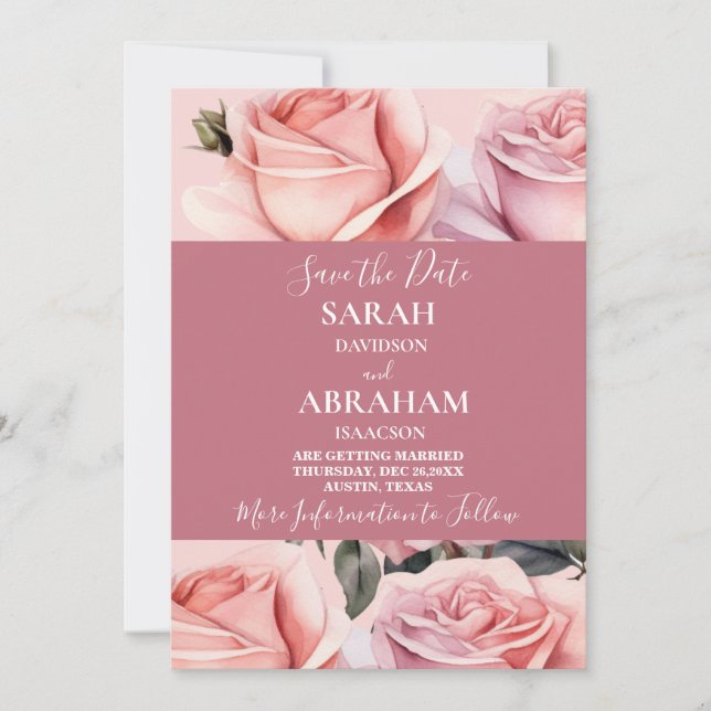 Invitación Rosas Rosadas Elegantes Salva la Fecha (Anverso)