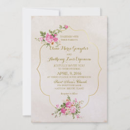 Invitación Rosas rosadas elegantes sobre marfil con marco dor