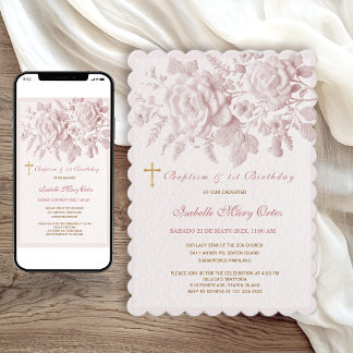 Invitación Rosas Rosadas Falso Relieve Bautizo Cumpleaños 1 N