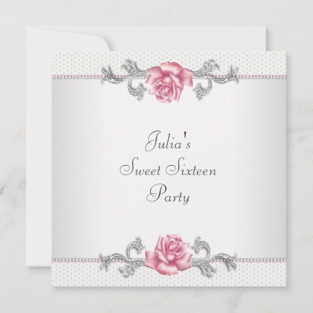 Invitación Rosas rosadas fiesta de dulces dieciséis plateadas (Anverso)