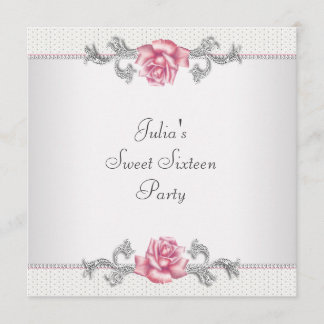 Invitación Rosas rosadas fiesta de dulces dieciséis plateadas