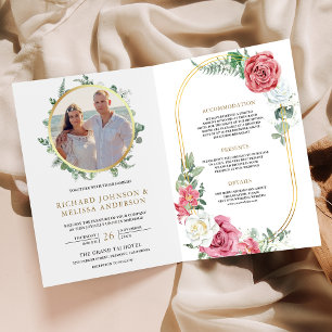 Invitación Rosas Rosadas Floral Oro Código QR Foto Boda