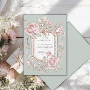 Invitación Rosas rosadas Floral Salvia Verde Antiguo Abridor 