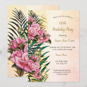 Invitación Rosas Rosadas Florales Palmas Doradas Fiesta de Cu