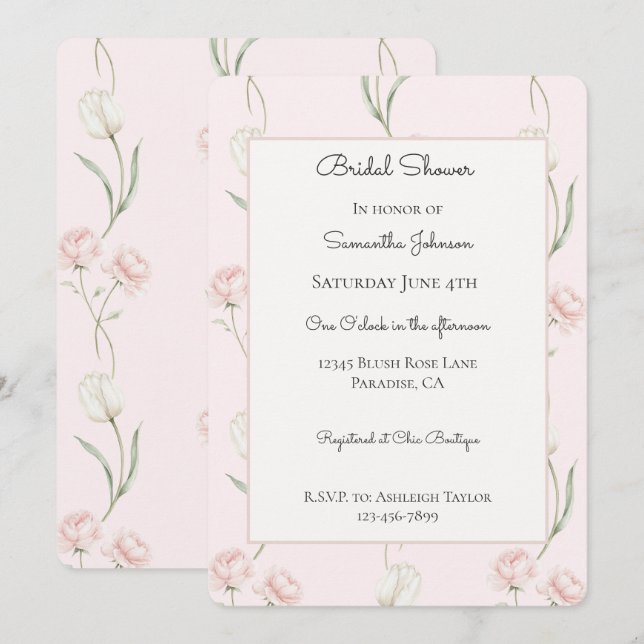 Invitación Rosas Rosadas Flores Blancas de Tulipán Despedida  (Anverso / Reverso)