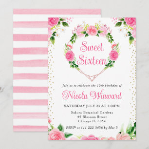 Invitación Rosas Rosadas Flores Corona de Corazón Dulces 16