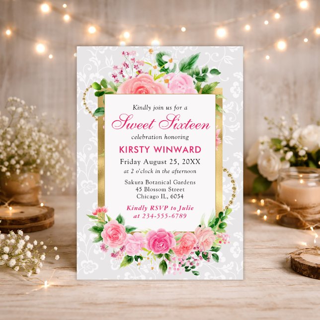 Invitación Rosas rosadas Flores de verano Hoja de oro Cumple  (Subido por el creador)