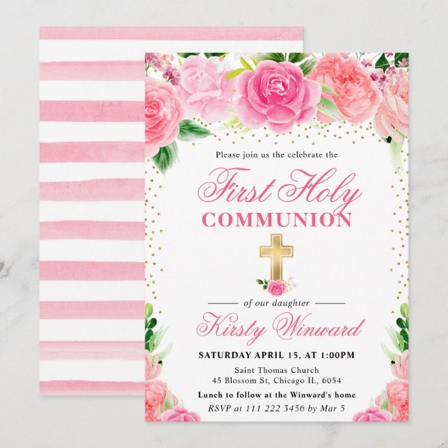 Invitación Rosas Rosadas Flores Primera Comunión (Anverso / Reverso)