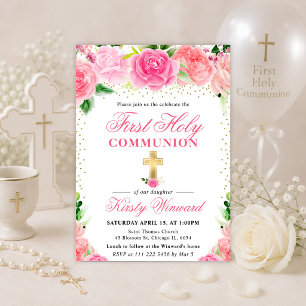 Invitación Rosas Rosadas Flores Primera Comunión