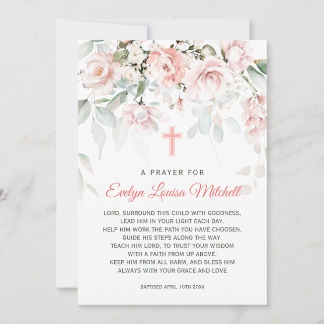 Invitación Rosas rosadas follaje verde bautizo oración (Anverso)