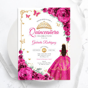 Invitación Rosas rosadas fucsia Quinceañera elegante chic oro