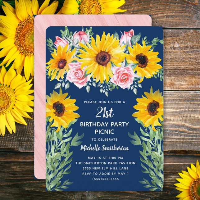 Invitación Rosas rosadas Girasoles Azules Navy cumpleaños 21  (Sunflowers and pink roses on navy blue 21st birthday party invitation)