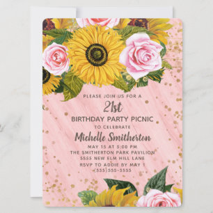 Invitación Rosas rosadas girasoles brillo dorado Cumpleaños 2