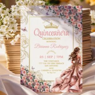 Invitación Rosas rosadas Golden Blush Quinceañera