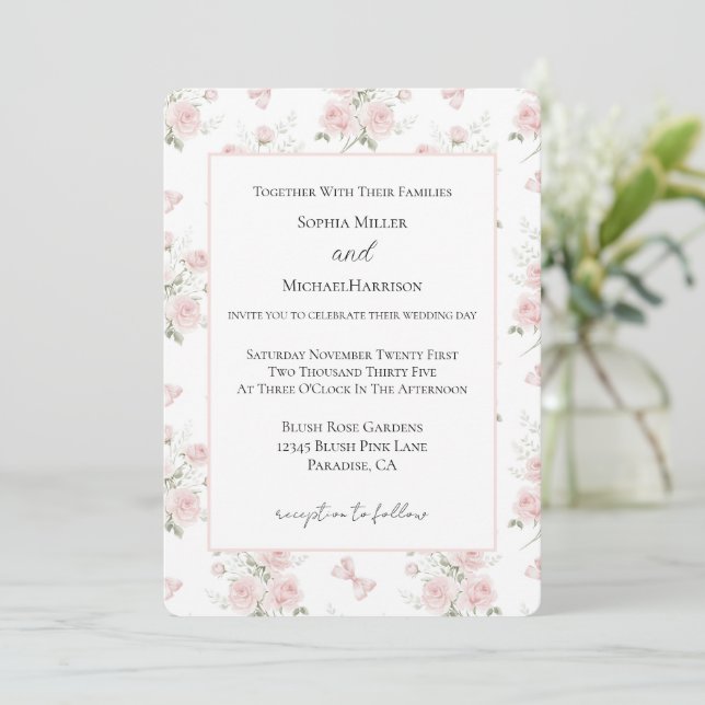 Invitación Rosas Rosadas Lazos Boda (Anverso de pie)