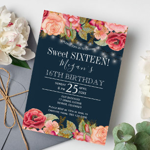 Invitación Rosas rosadas luces de cuerda doradas dulces 16 az