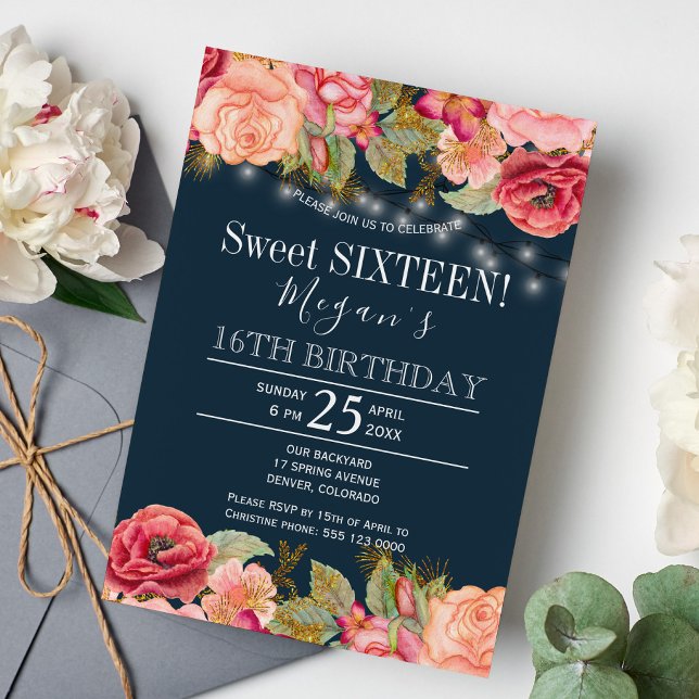 Invitación Rosas rosadas luces de cuerda doradas dulces 16 az (Subido por el creador)