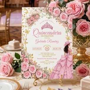 Invitación Rosas rosadas mariposa dorada Quinceañera occident