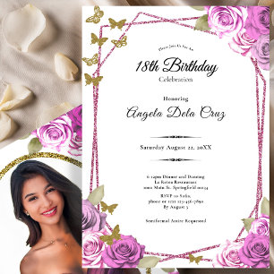 Invitación Rosas rosadas mariposas doradas Debut Cumpleaños 1