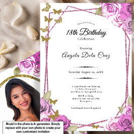 Invitación Rosas rosadas mariposas doradas Debut Cumpleaños 1