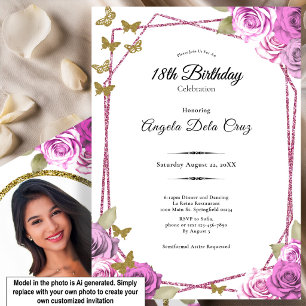 Invitación Rosas rosadas mariposas doradas Debut Cumpleaños 1