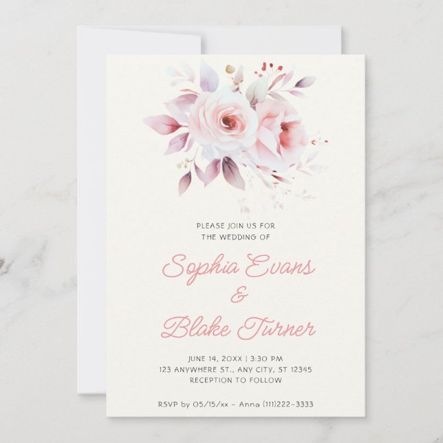 Invitación Rosas rosadas modernas románticas Bodas de crema b (Anverso)