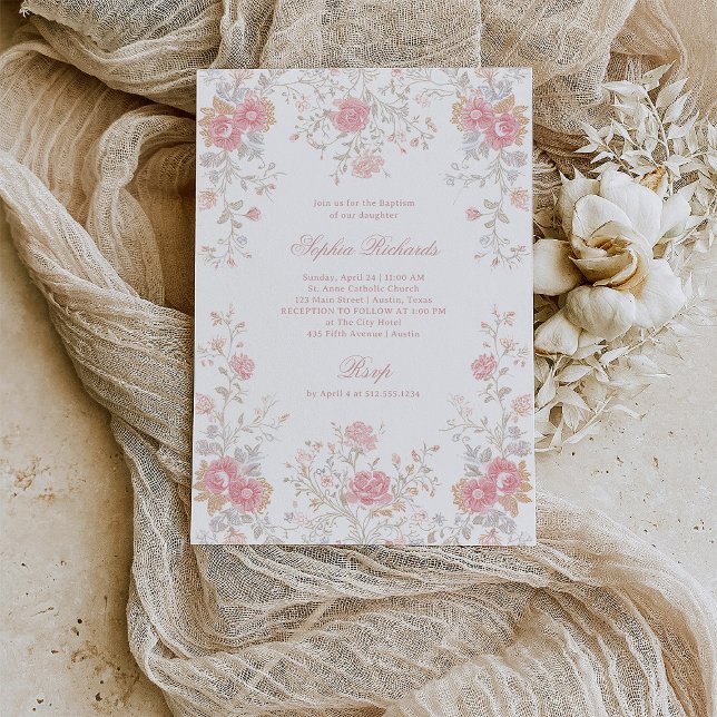 Invitación Rosas rosadas ornamentadas elegantes | Bautizo (Subido por el creador)
