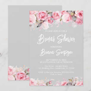 Invitación Rosas rosadas para ducha nupcial floral gris