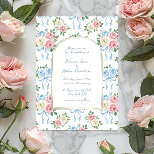 Invitación Rosas rosadas pastel, blancas y azules y arco de c