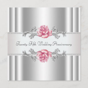 Invitación Rosas Rosadas Plata 25 Aniversario de Boda