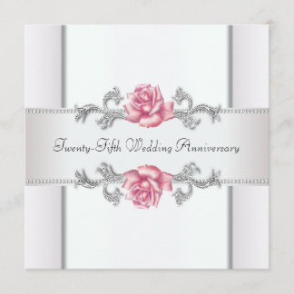 Invitación Rosas rosadas plata 25 aniversario de bodas