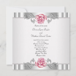 Invitación Rosas rosadas plata blanco rosa elegante boda