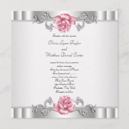 Invitación Rosas rosadas plata blanco rosa elegante boda
