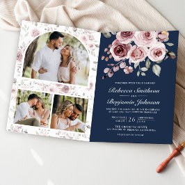 Invitación Rosas Rosadas Polvorientas Código QR Boda Azul Mar