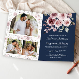Invitación Rosas Rosadas Polvorientas Código QR Boda Azul Mar