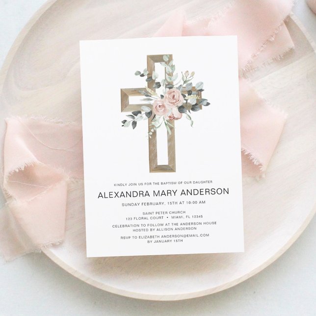 Invitación Rosas rosadas polvorientas Cruz de Oro Bautismo Fl (Subido por el creador)