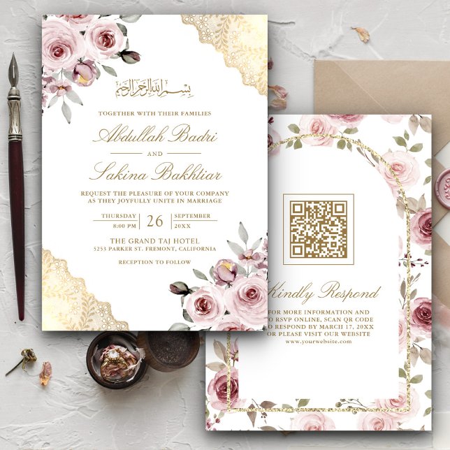 Invitación Rosas Rosadas Polvorientas Encaje Dorado Código QR (Subido por el creador)