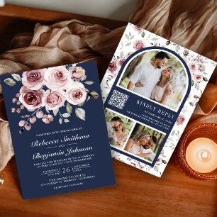 Invitación Rosas Rosadas Polvorientas Foto Código QR Azul Mar