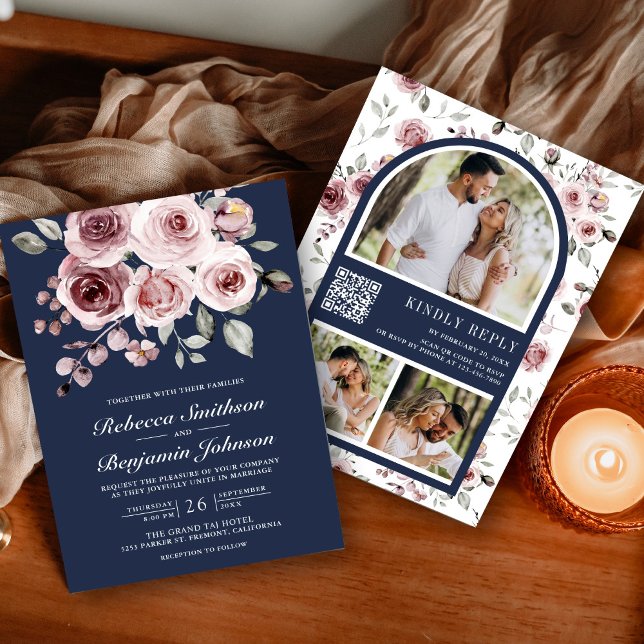 Invitación Rosas Rosadas Polvorientas Foto Código QR Azul Mar (Subido por el creador)