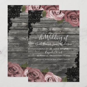 Invitación Rosas Rosadas Polvorientas Gris Encaje Negro Rústi