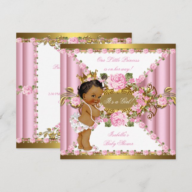 Invitación Rosas rosadas Princesa de oro blanco Baby Shower É (Anverso / Reverso)
