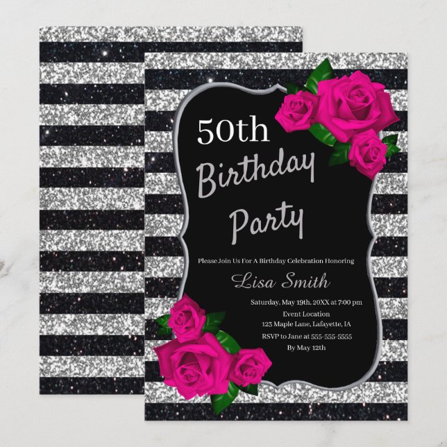 Invitación Rosas rosadas Purpurina de rayas negras plateadas  (Anverso / Reverso)