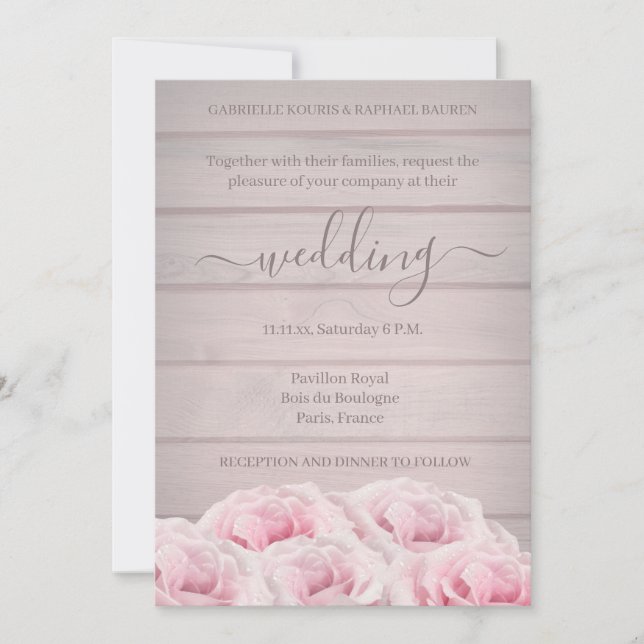 Invitación Rosas rosadas reales Chic Rústico Boda en tablón d (Anverso)