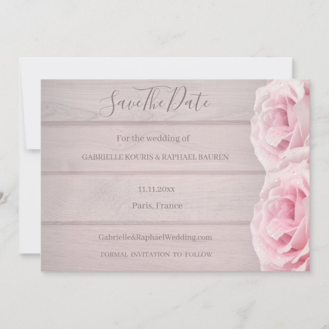 Invitación Rosas rosadas reales de madera rústica para salvar (Anverso)