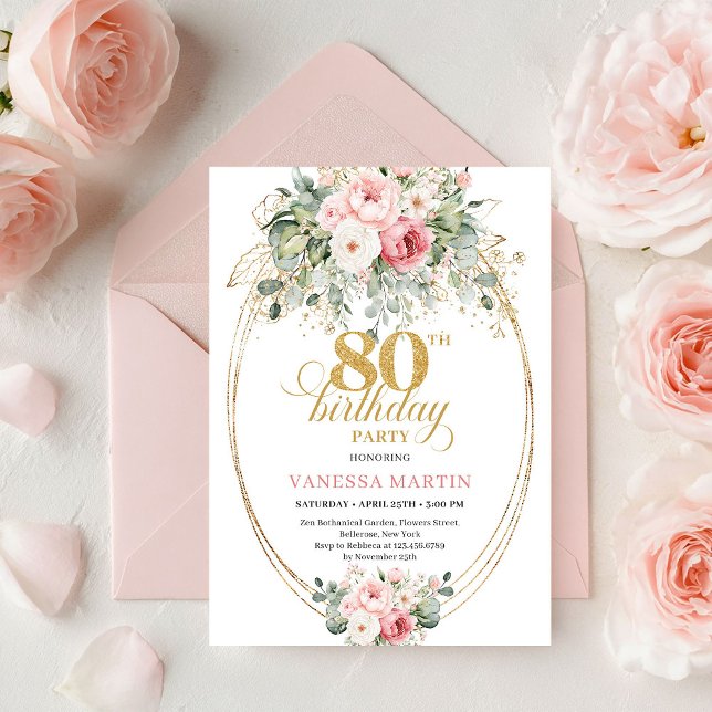 Invitación Rosas Rosadas Refinadas Eucalipto Oro Cumpleaños 8 (Refined Blush Roses Eucalyptus Gold 80th Birthday)