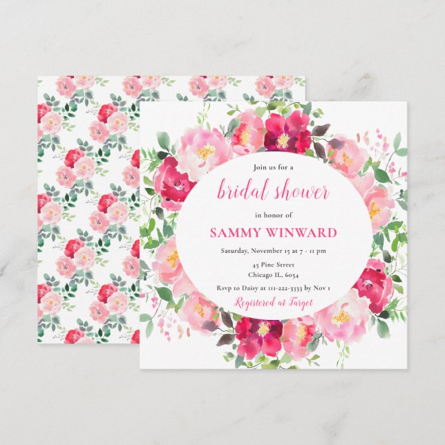 Invitación Rosas rosadas románticas Flores Regadera de boda (Anverso / Reverso)