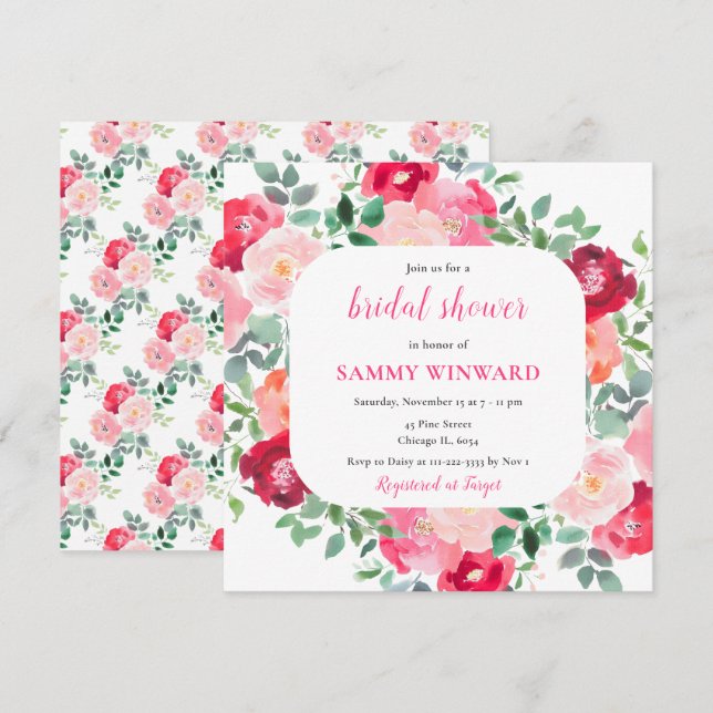 Invitación Rosas rosadas románticas Flores Regadera de novia (Anverso / Reverso)
