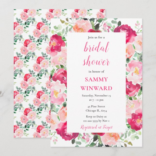 Invitación Rosas rosadas románticas Flores Regadera de novia (Anverso / Reverso)