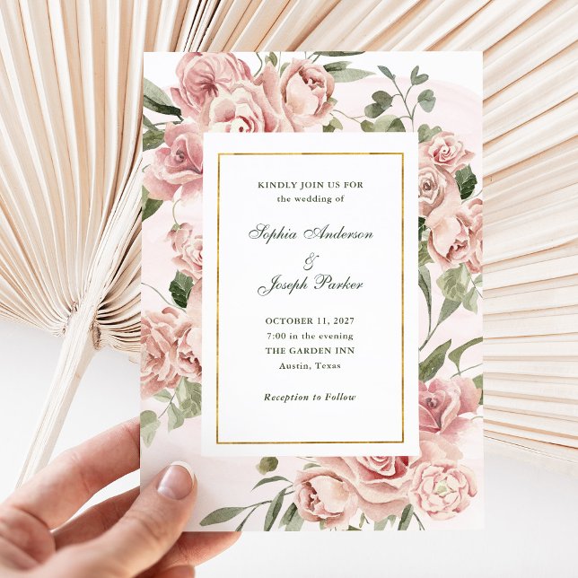 Invitación Rosas rosadas románticas y oro | Boda (Subido por el creador)